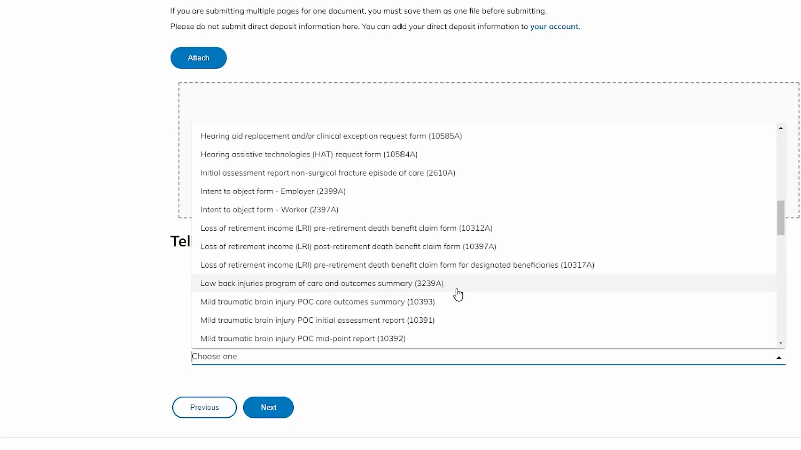 What document is this drop-down open on Step 2 of 4 listing WSIB forms from hearing services to low back injuries