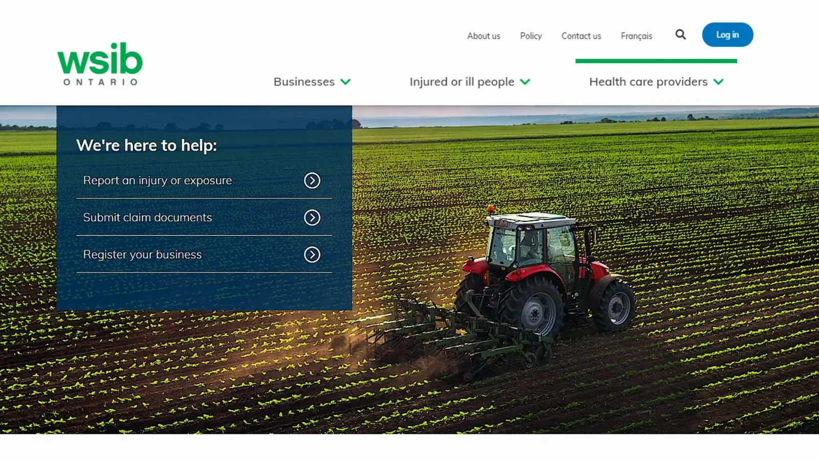 WSIB Ontario homepage We're here to help panel with Report an injury or exposure and Submit claim documents links